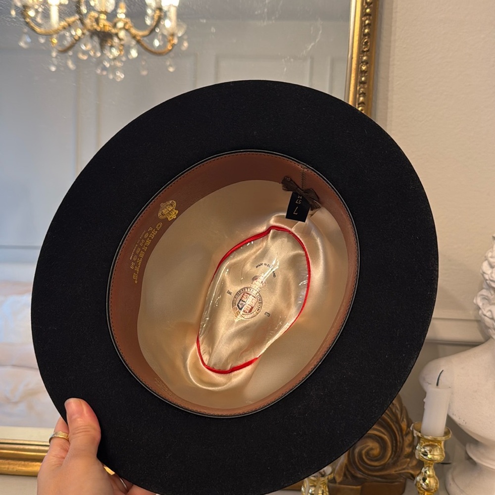 Burberry Black Felt Fedora with Cream Satin Interior and Red Trim